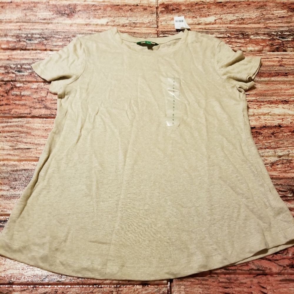 Womens 100% Linen Top Size Small Crewneck Tan Short Sleeve Summer New